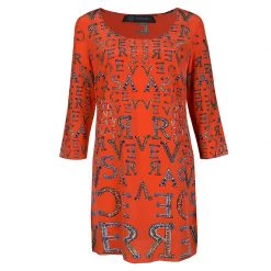 Versace Orange Logo Alphabet Printed Silk Long Sleeve Shift Dress M For Women