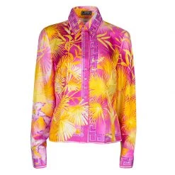 Gianni Versace Couture Pink And Yellow Printed Silk Long Sleeve Shirt M For Women