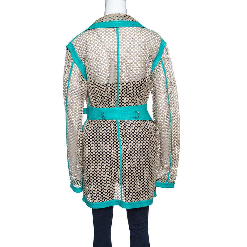 Gianni Versace Vintage Beige Cutout Leather Contrast Trim Belted Coat M For Women - Image 3