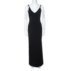 Versace Collection Black Logo Strap Slit Detail Draped Maxi Dress S For Women