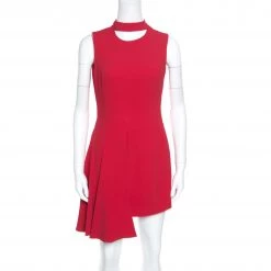 Versace Red Asymmetric Draped Hem Choker Neck Sheath Dress S For Women