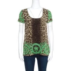 Versace Leopard And Baroque Printed Silk Shoulder Rivet Detail Top S For Women