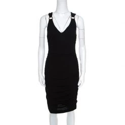 Versace Black Ruched Metal Ring Detail Sleeveless Bodycon Dress M For Women