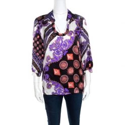 Versace Collection Multicolor Sun And Crystals Motif Printed Silk Blouse M For Women