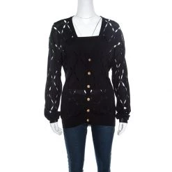 Versace Black Pointelle Knit Button Front Long Sleeve Cardigan XL For Women