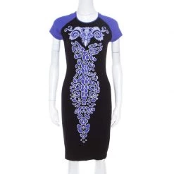 Versace Collection Black And Purple Jacquard Knit Fitted Cap Sleeve Dress M For Women