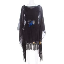 Versace Collection Black Shell Printed Silk Tasseled Edge Beach Kimono M For Women