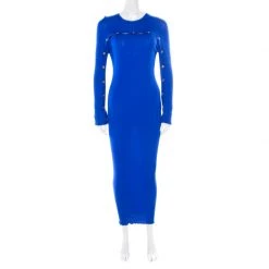 Versace Cobalt Blue Ribbed Wool Knit Medusa Fitted Midi Dress L For Women