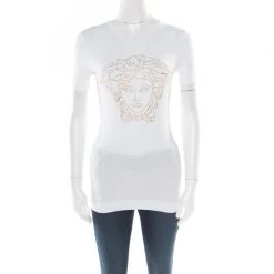 Versace White Crystal Embellished Medusa Icon Short Sleeve T-Shirt S For Women