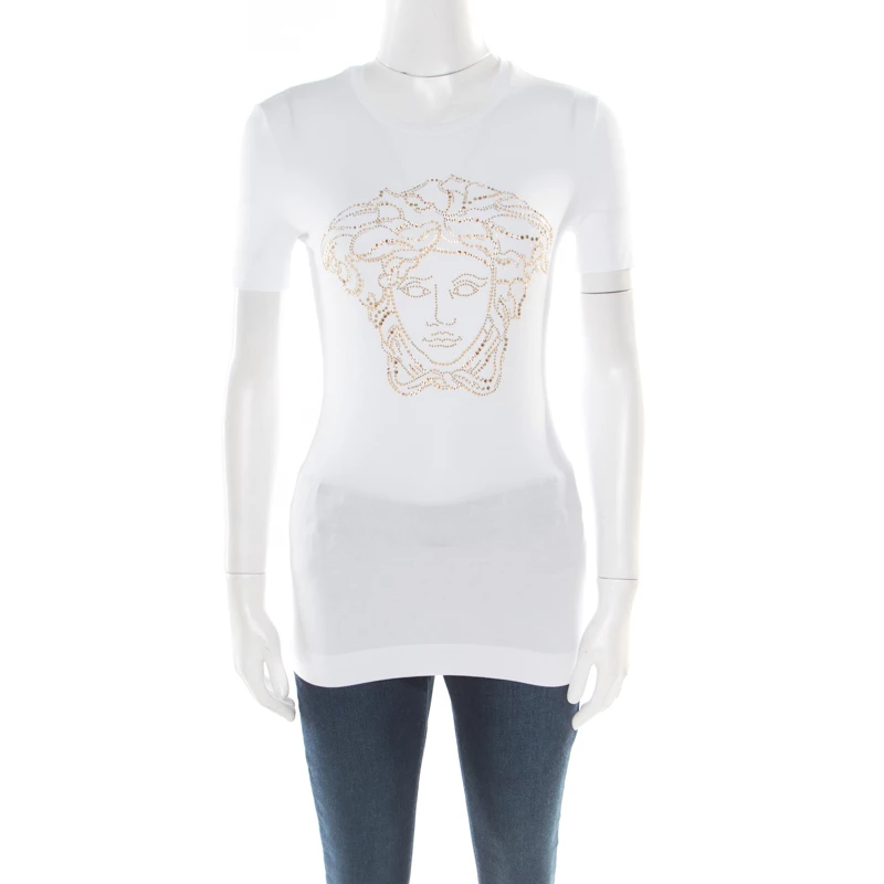 Versace White Crystal Embellished Medusa Icon Short Sleeve T-Shirt S For Women