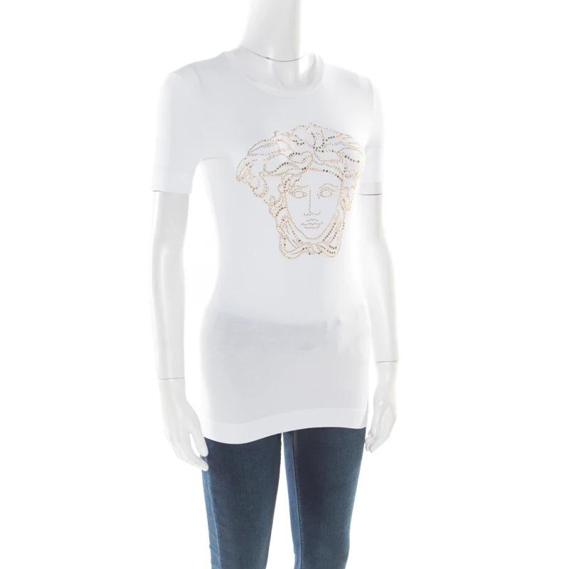 Versace White Crystal Embellished Medusa Icon Short Sleeve T-Shirt S For Women - Image 2