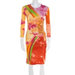 Versace Multicolor Baroque Printed Jersey Ruched Dress S For Women