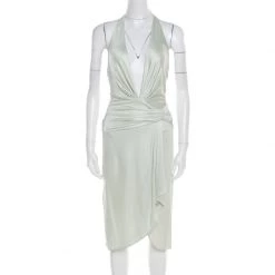 Versace Mint Green Draped Medusa Clasp Detail Halter Dress S For Women