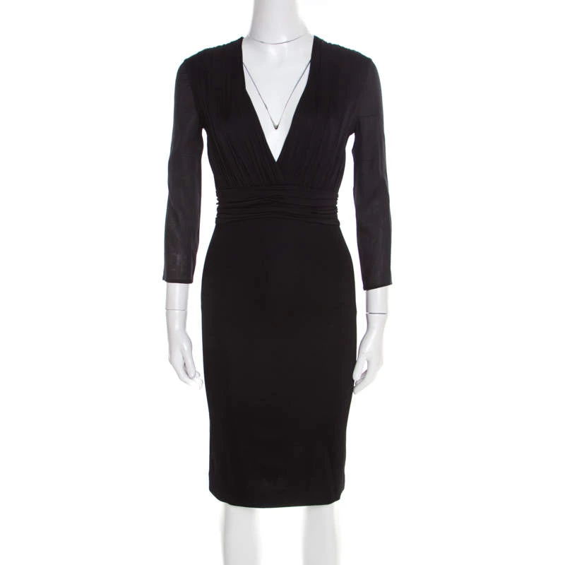 Versace Black Ruched Bodice Long Sleeve Fitted Cocktail Dress S For Women