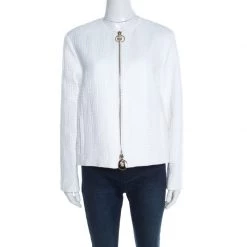 Versace White Cotton Linen Embossed Zip Front Jacket M For Women