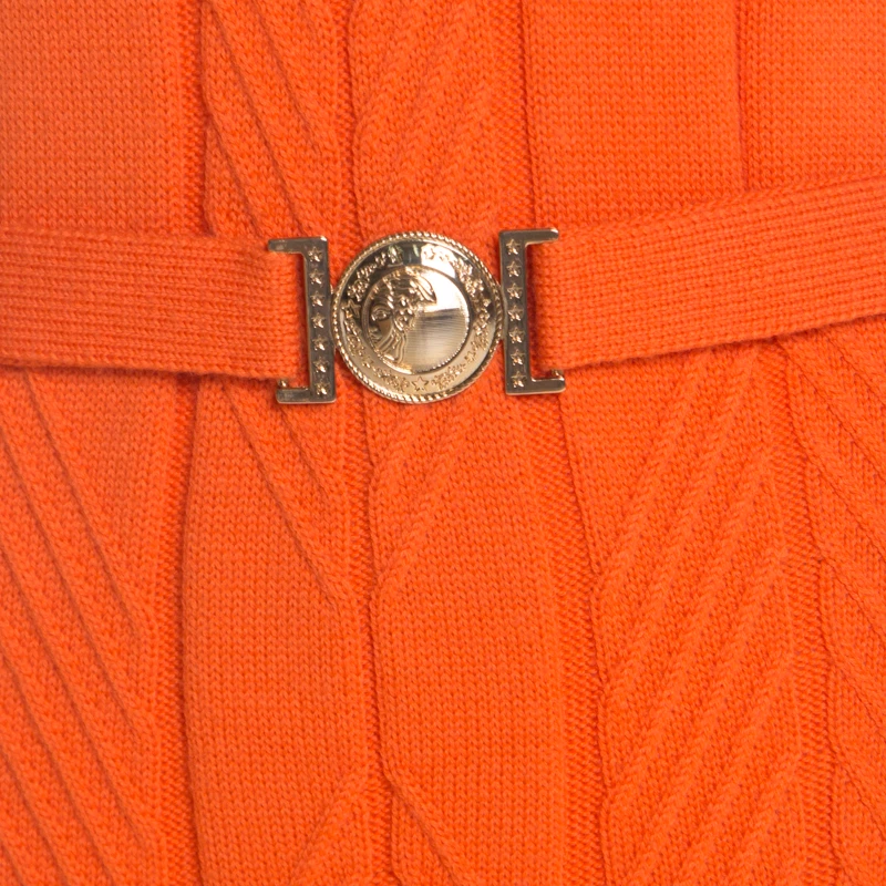 Versace Collection Orange Cable Knit Wool Belted Sweater Dress L For Women - Image 4