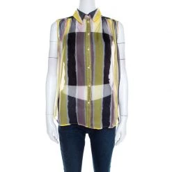 Versace Collection Multicolor Striped Sheer Silk Pearl Button Detail Sleeveless Shirt M For Women