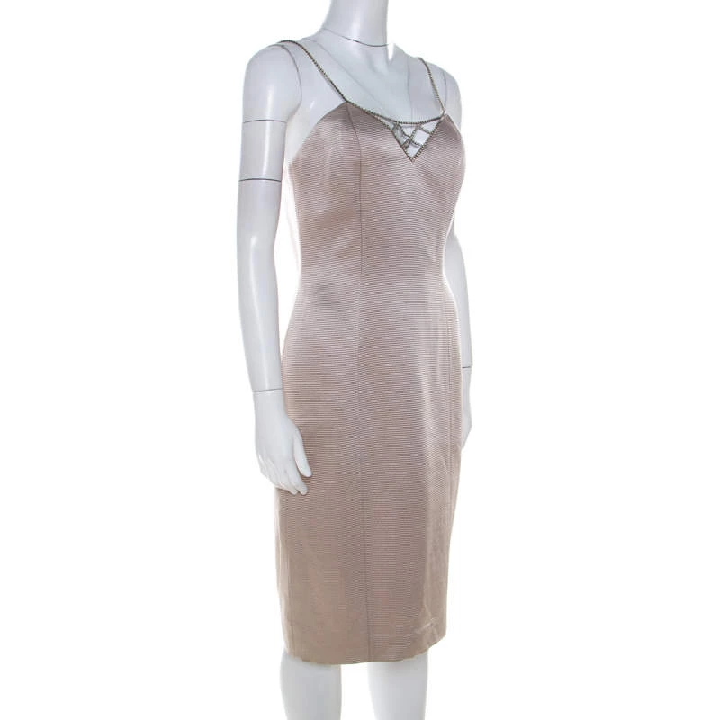 Versace Classic V2 Metallic Ribbed Rhinestone Strap Detail Cocktail Dress S For Women - Image 2