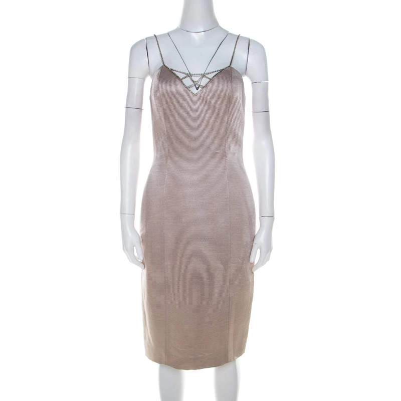 Versace Classic V2 Metallic Ribbed Rhinestone Strap Detail Cocktail Dress S For Women