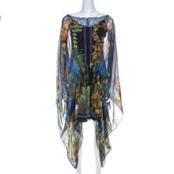 Versace Multicolor Palm Springs Print Sheer Silk Kaftan Top L For Women