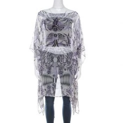 Versace White And Purple Fish Print Sheer Silk Kaftan Tunic Top M For Women