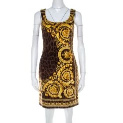 Versace Brown Animal And Baroque Print Velvet Sleeveless Sheath Dress S For Women