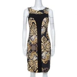 Versace Collection Black Mechanic Print Stretch Paneled Sheath Dress M For Women