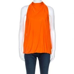 Versace Orange Jersey Draped Halter Neck Top M For Women