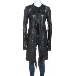 Gianni Versace Vintage Black Leather Fringe Overcoat S For Women