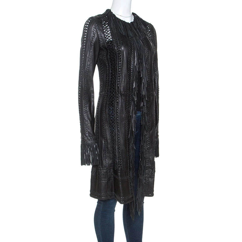 Gianni Versace Vintage Black Leather Fringe Overcoat S For Women - Image 2