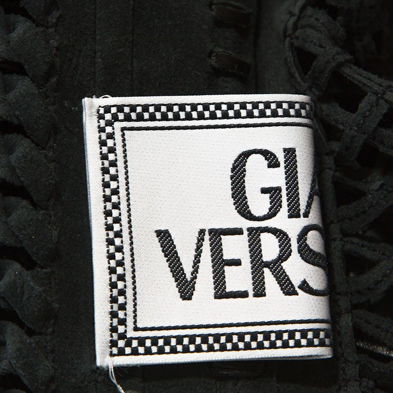 Gianni Versace Vintage Black Leather Fringe Overcoat S For Women - Image 5