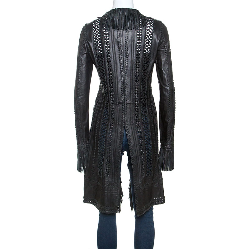 Gianni Versace Vintage Black Leather Fringe Overcoat S For Women - Image 3