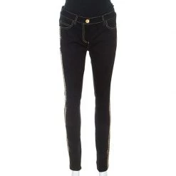 Versace Black Denim Greek Key Eyelet Trim Slim Fit Jeans S For Women