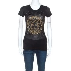 Versace Black Jersey Medusa Embellished T-shirt S For Women