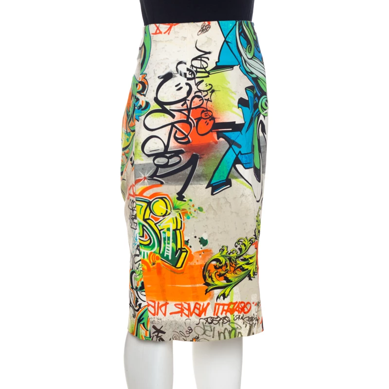 Versace Collection Multicolor Printed Cotton Stretch Sheath Skirt M For Women - Image 2