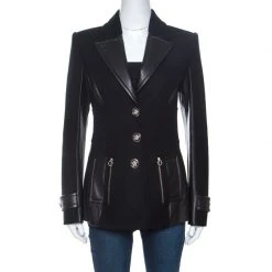 Versace Black Wool And Leather Patch Detail Tailored Jacket M For Women
