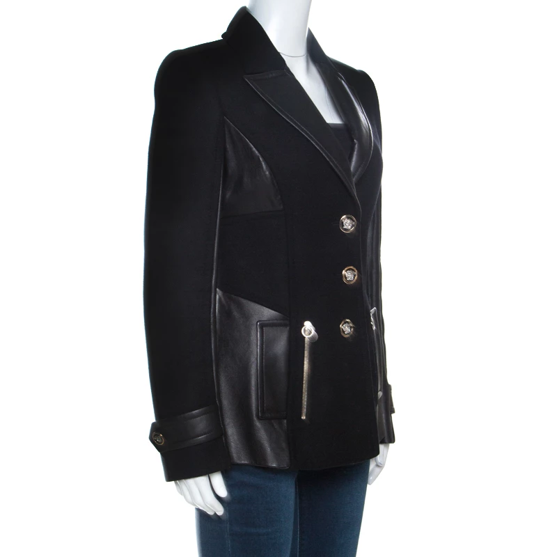 Versace Black Wool And Leather Patch Detail Tailored Jacket M For Women - Image 2