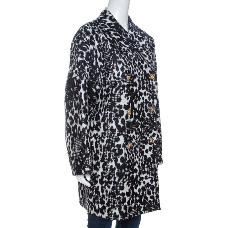 Versace Monochrome Jacquard Wool Double Breasted Coat M For Women - Image 2