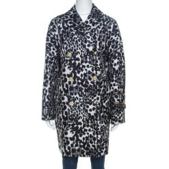Versace Monochrome Jacquard Wool Double Breasted Coat M For Women