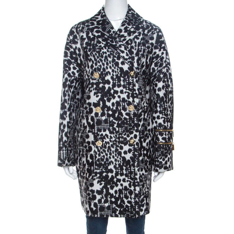 Versace Monochrome Jacquard Wool Double Breasted Coat M For Women