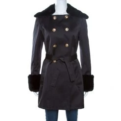 Versace Collection Black Rabbit Fur Trim Detail Coat M For Women