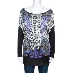 Versace Collection Black Printed Knit Dolman Sleeve Top S For Women