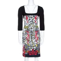 Versace Collection Black Printed Crepe Sheath Dress M For Women