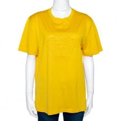 Versace Yellow Cotton Medusa Logo Applique Crew Neck T Shirt XL For Women