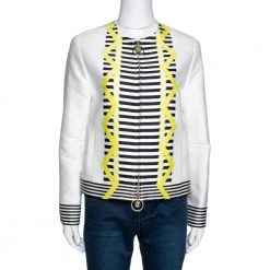Versace White Striped Jacquard Cotton Zip Front Jacket S For Women