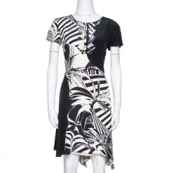 Versace Black Printed Silk Asymmetric Knee Length Dress M For Women