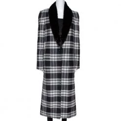 Versace Black Plaid Wool & Silk Mink Fur Trim Long Coat S For Women
