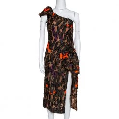 Versace Brown Camouflage Fil Coupé One-Shoulder Dress S For Women
