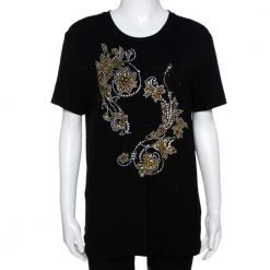 Versace Black & Gold Logo Embellished Jersey T Shirt M For Women
