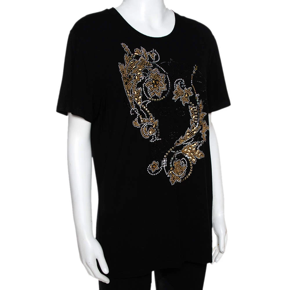 Versace Black & Gold Logo Embellished Jersey T Shirt M For Women - Image 2